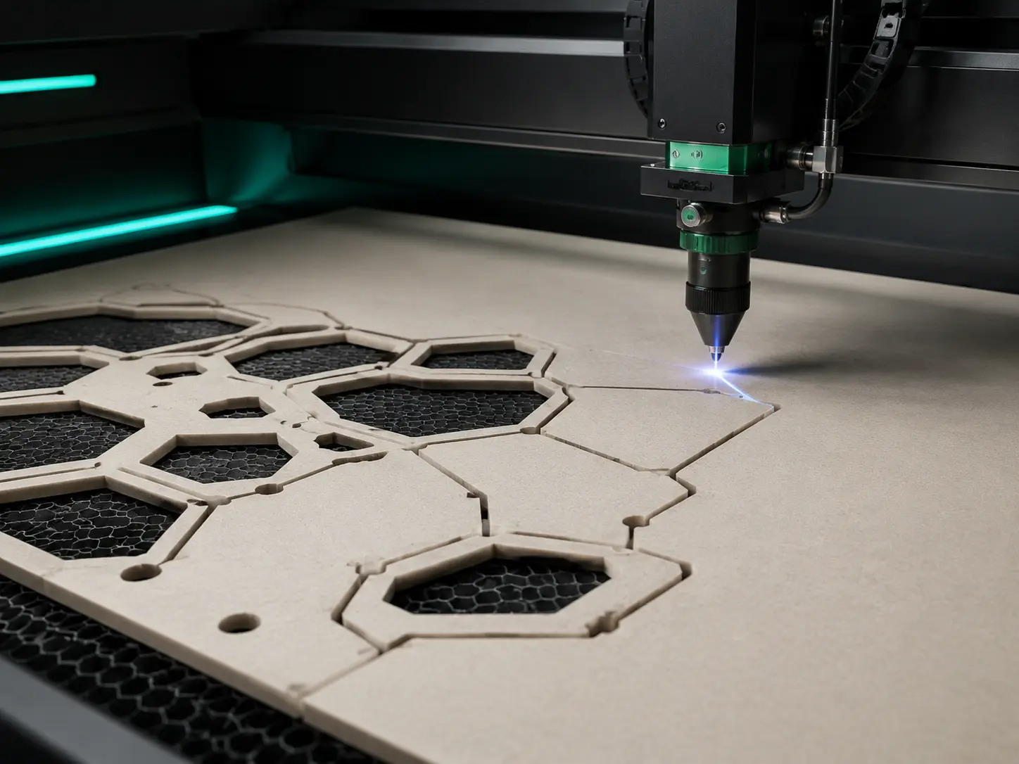 CO2-Laser schneidet eine präzise Kontur in technisches Plattenmaterial