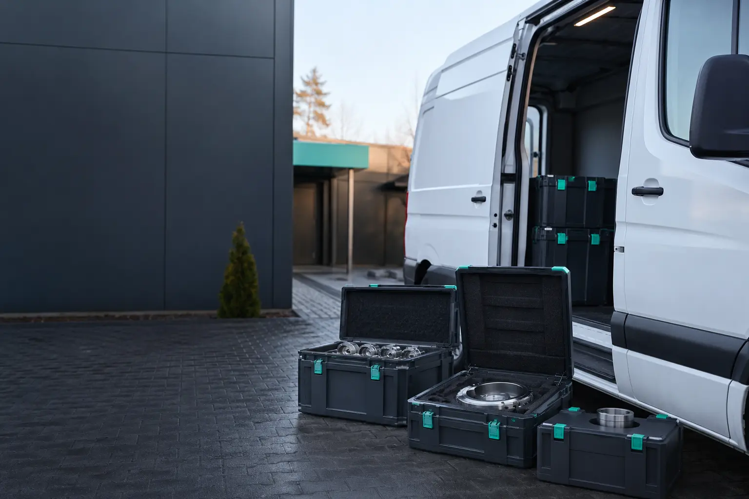 Geschützte Transportboxen werden für einen regionalen Präzisionsauftrag verladen
